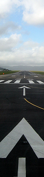 A view down the runway just before take-off at the Wellington, New Zealand, airport.